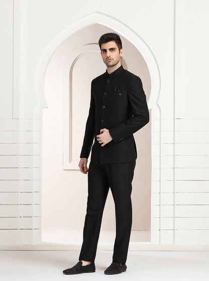 Black Self Textured Jodhpuri Suit | JadeBlue
