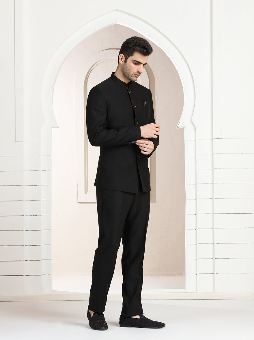 Black Self Textured Jodhpuri Suit | JadeBlue