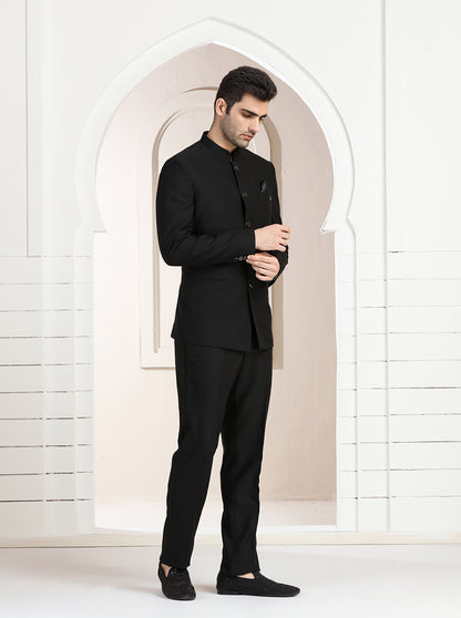Black Self Textured Jodhpuri Suit | JadeBlue