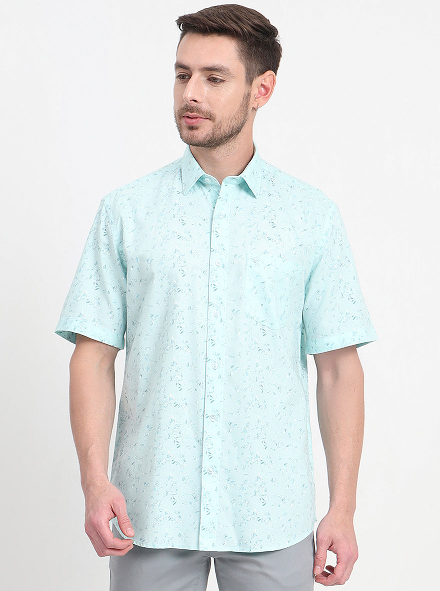 Light Blue Printed Regular Fit Semi Casual Shirt | JadeBlue