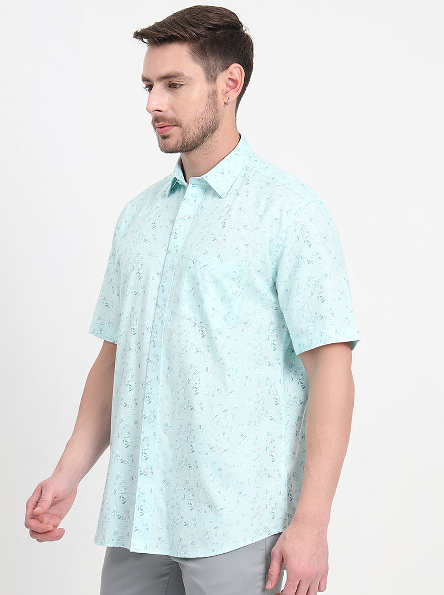Light Blue Printed Regular Fit Semi Casual Shirt | JadeBlue
