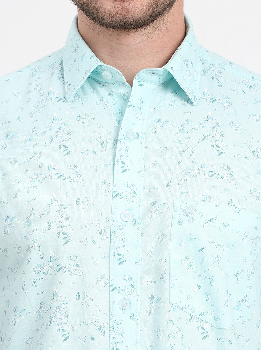 Light Blue Printed Regular Fit Semi Casual Shirt | JadeBlue