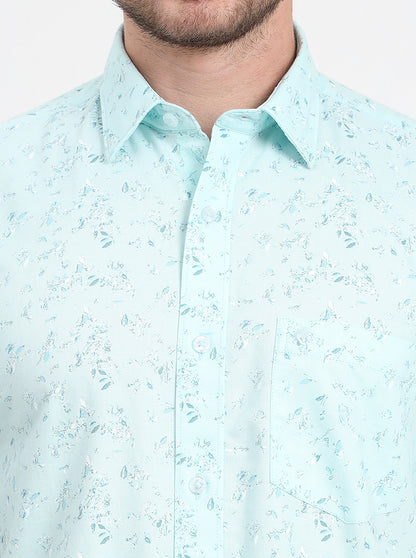 Light Blue Printed Regular Fit Semi Casual Shirt | JadeBlue