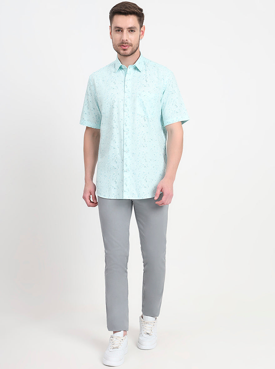 Light Blue Printed Regular Fit Semi Casual Shirt | JadeBlue