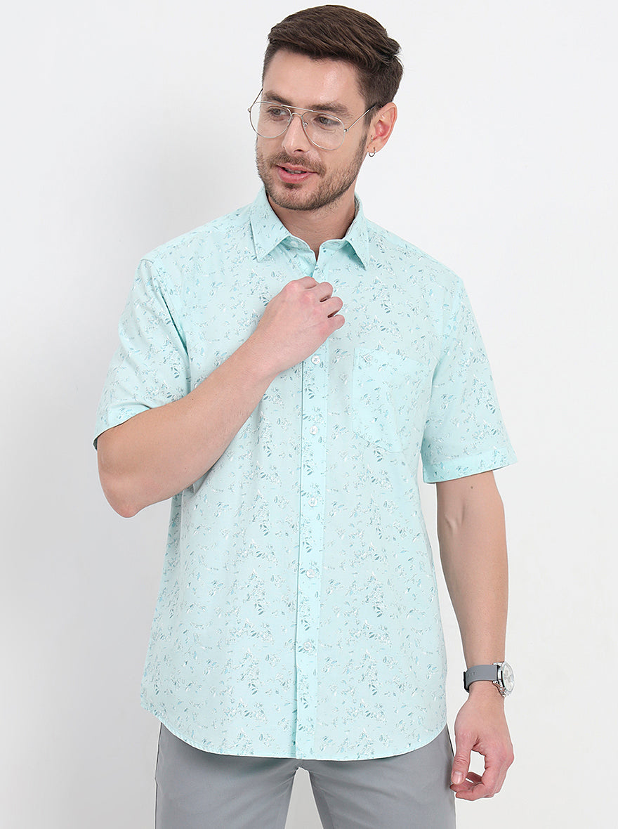 Light Blue Printed Regular Fit Semi Casual Shirt | JadeBlue