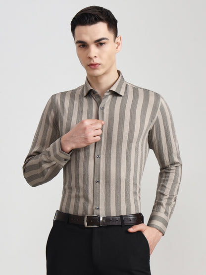 Fawn & Black Striped Slim Fit Party Wear Shirt | Wyre