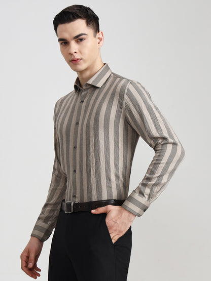 Fawn & Black Striped Slim Fit Party Wear Shirt | Wyre