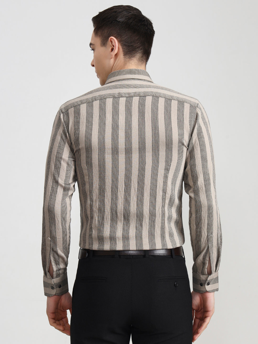 Fawn & Black Striped Slim Fit Party Wear Shirt | Wyre