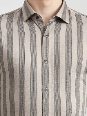 Fawn & Black Striped Slim Fit Party Wear Shirt | Wyre