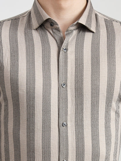 Fawn & Black Striped Slim Fit Party Wear Shirt | Wyre