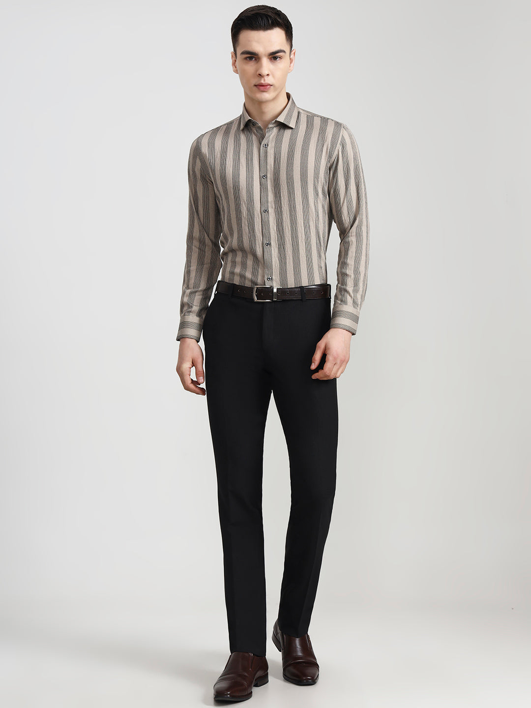 Fawn & Black Striped Slim Fit Party Wear Shirt | Wyre