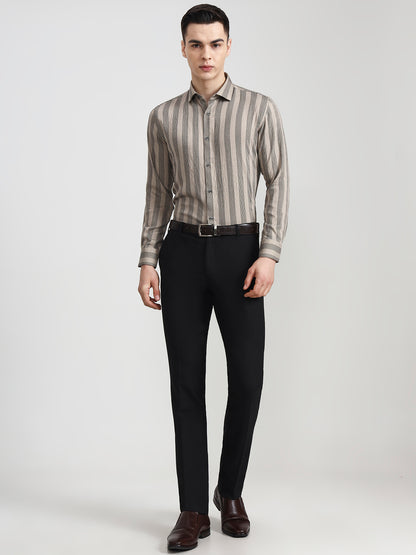 Fawn & Black Striped Slim Fit Party Wear Shirt | Wyre