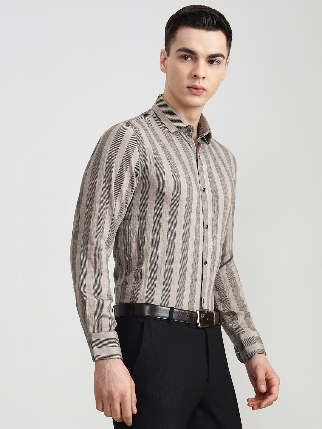 Fawn & Black Striped Slim Fit Party Wear Shirt | Wyre