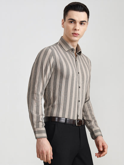 Fawn & Black Striped Slim Fit Party Wear Shirt | Wyre