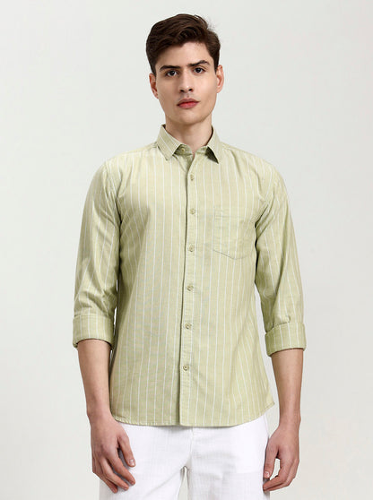 Pista Green Striped Slim Fit Casual Shirt | JadeBlue