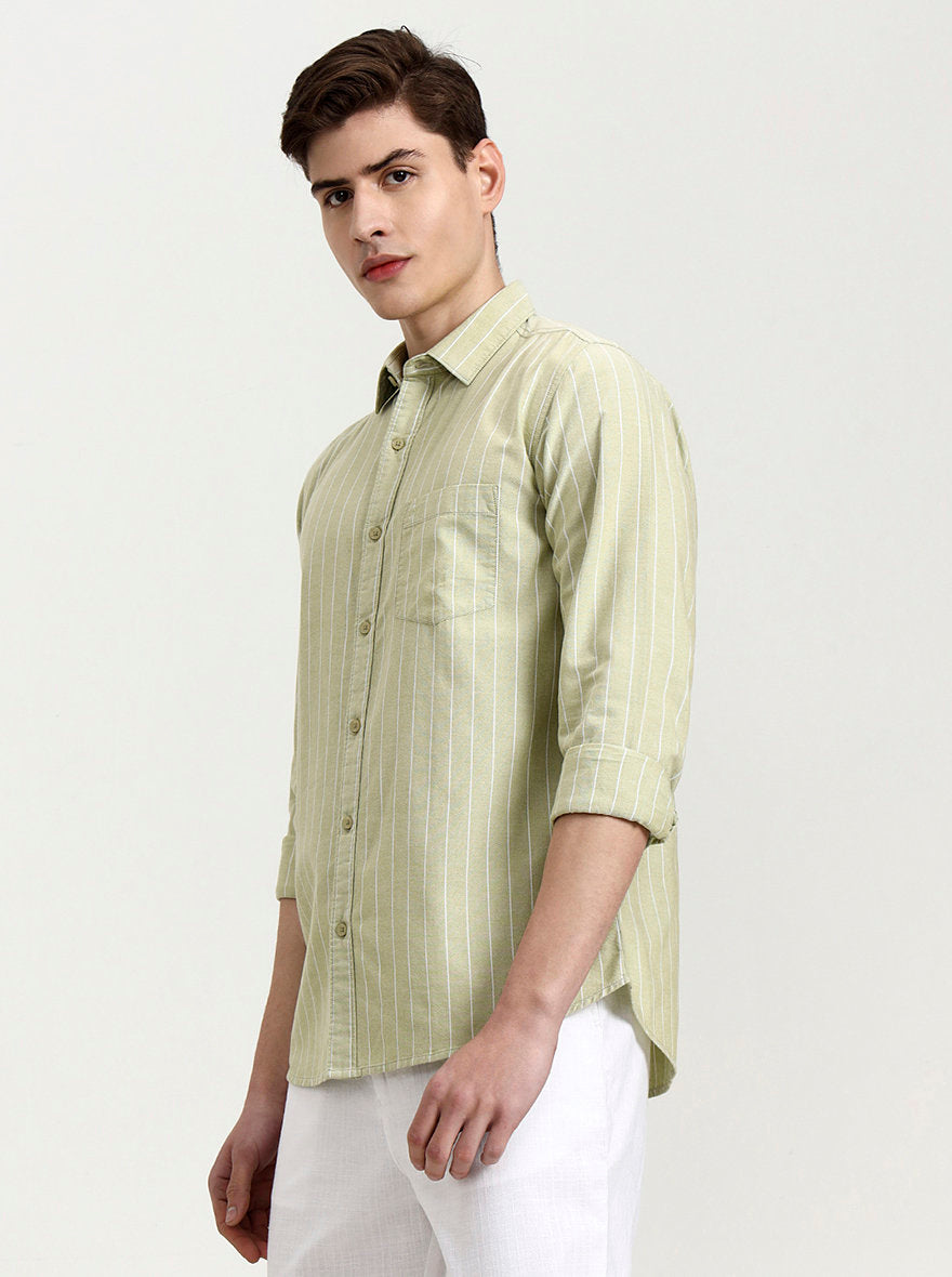 Pista Green Striped Slim Fit Casual Shirt | JadeBlue