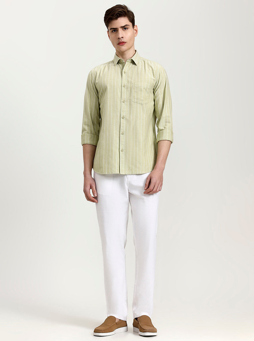 Pista Green Striped Slim Fit Casual Shirt | JadeBlue