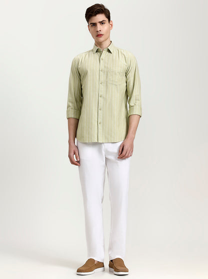 Pista Green Striped Slim Fit Casual Shirt | JadeBlue