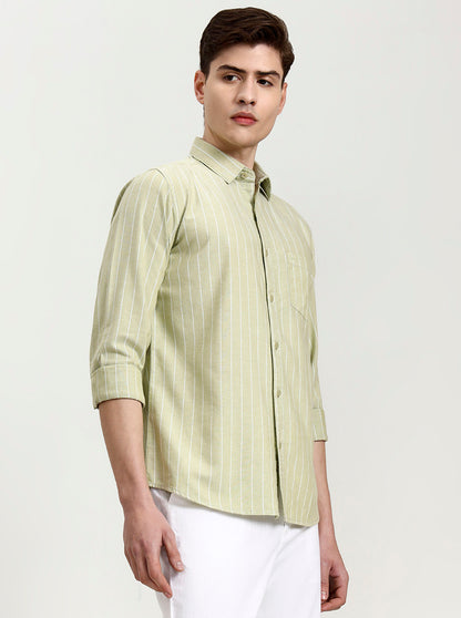 Pista Green Striped Slim Fit Casual Shirt | JadeBlue
