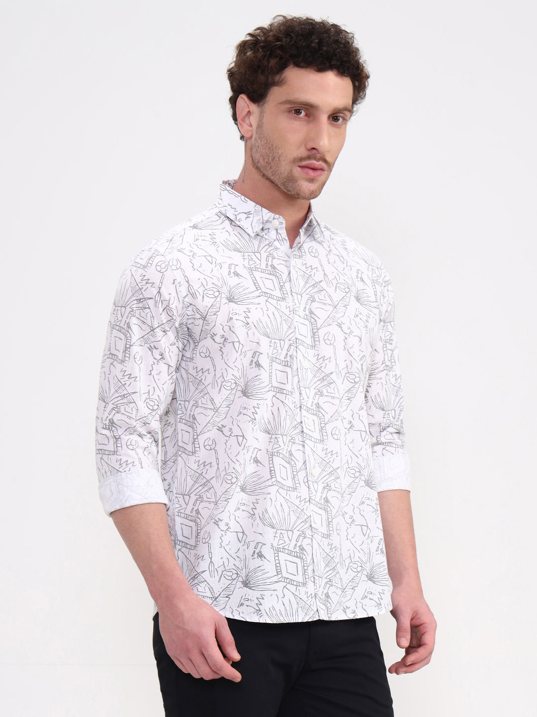 White Printed Slim Fit Casual Shirt | JadeBlue