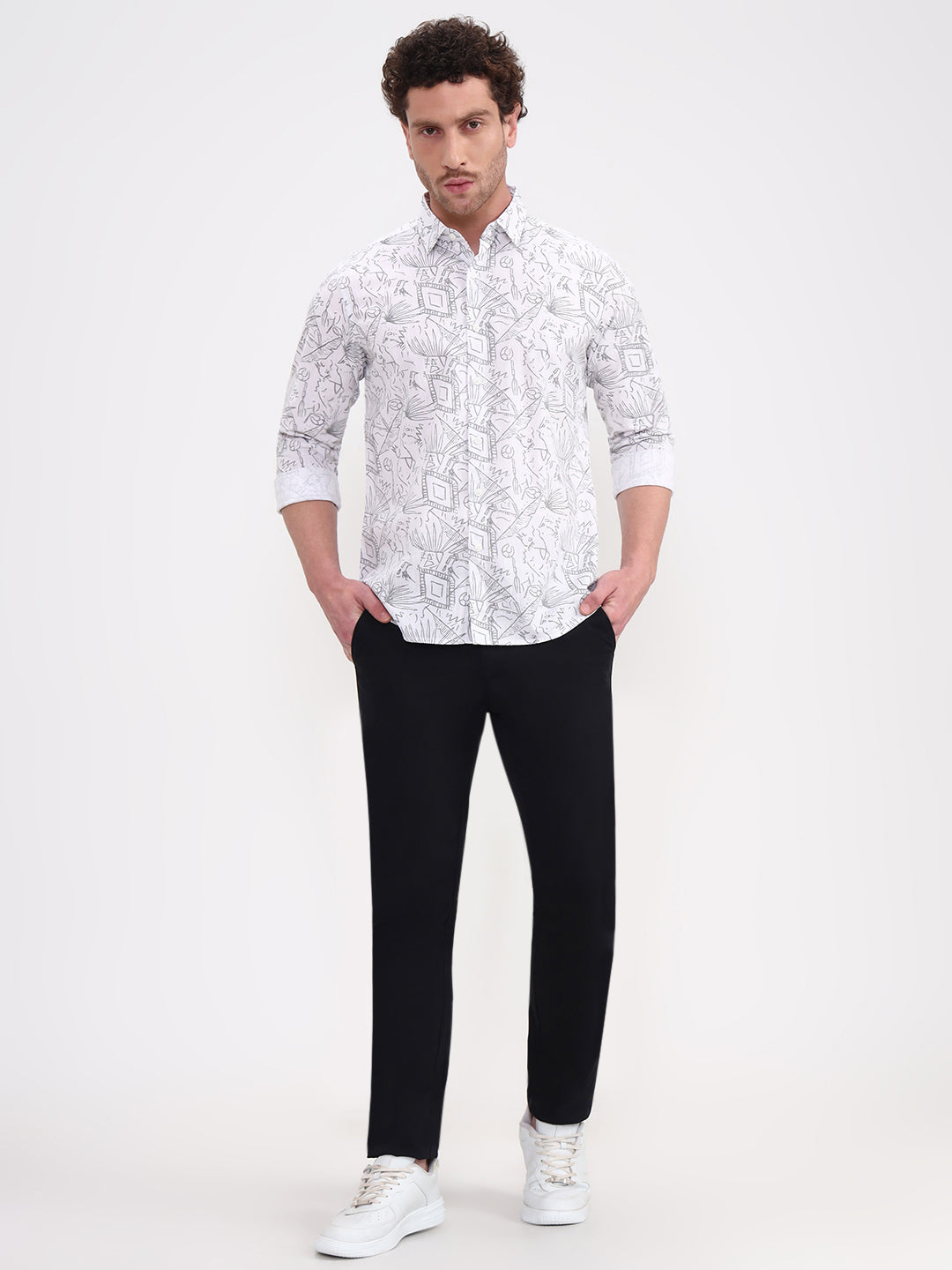 White Printed Slim Fit Casual Shirt | JadeBlue