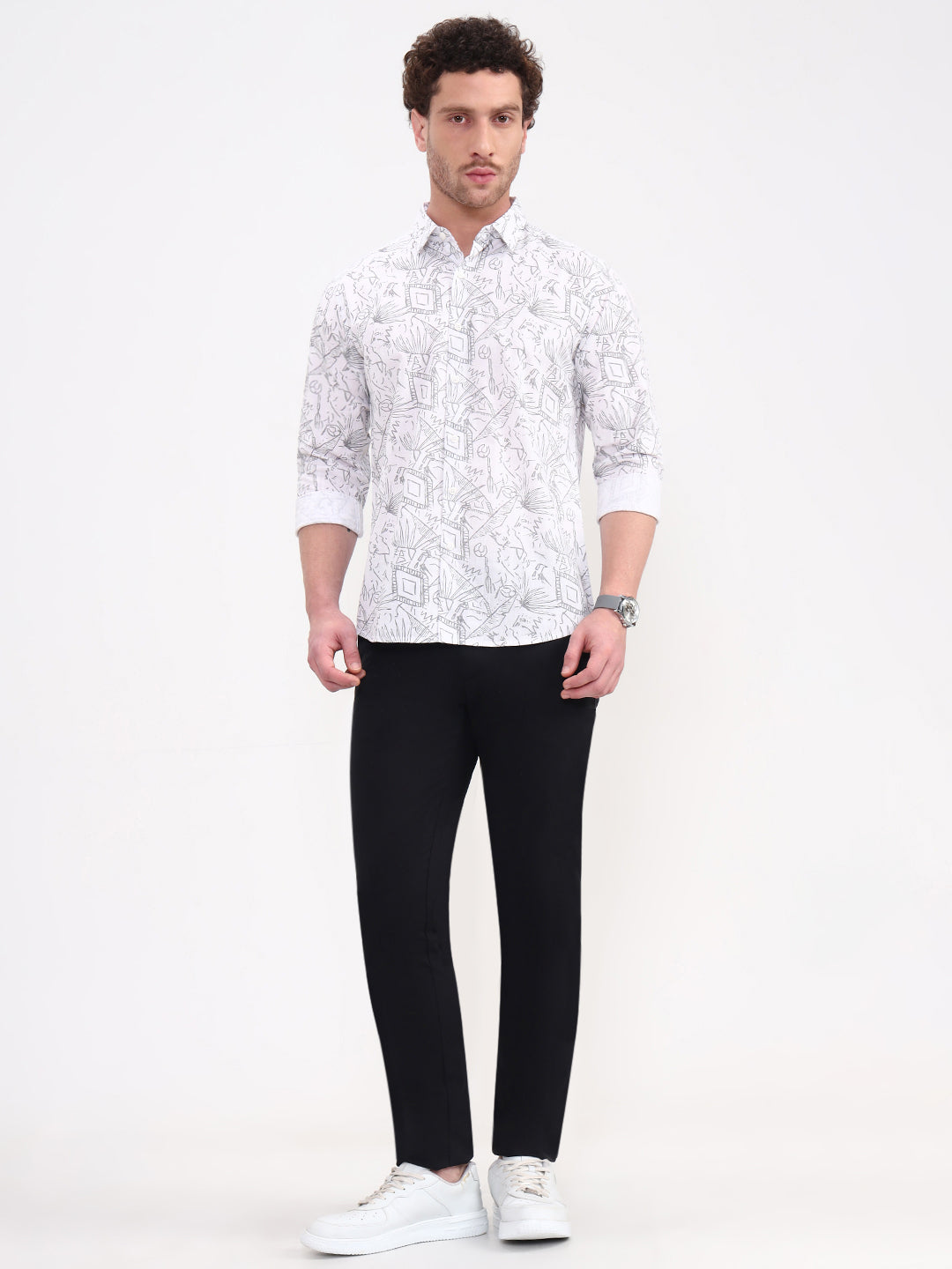 White Printed Slim Fit Casual Shirt | JadeBlue
