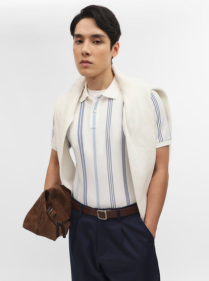 Sky Blue & White Striped Slim Fit Polo T-Shirt | JadeBlue