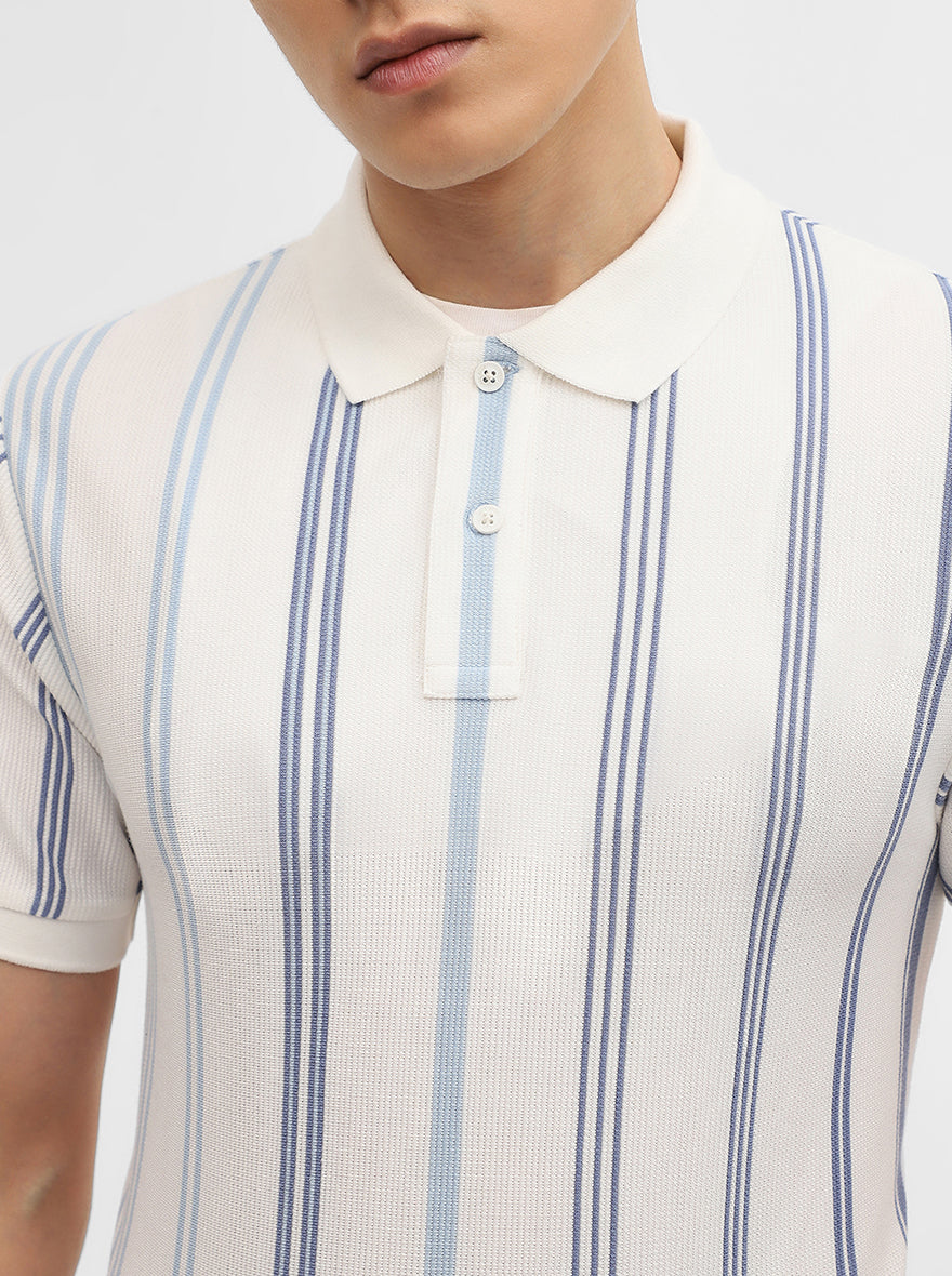 Sky Blue & White Striped Slim Fit Polo T-Shirt | JadeBlue