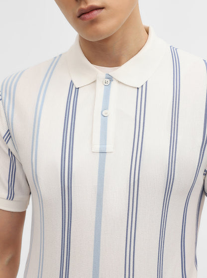 Sky Blue & White Striped Slim Fit Polo T-Shirt | JadeBlue