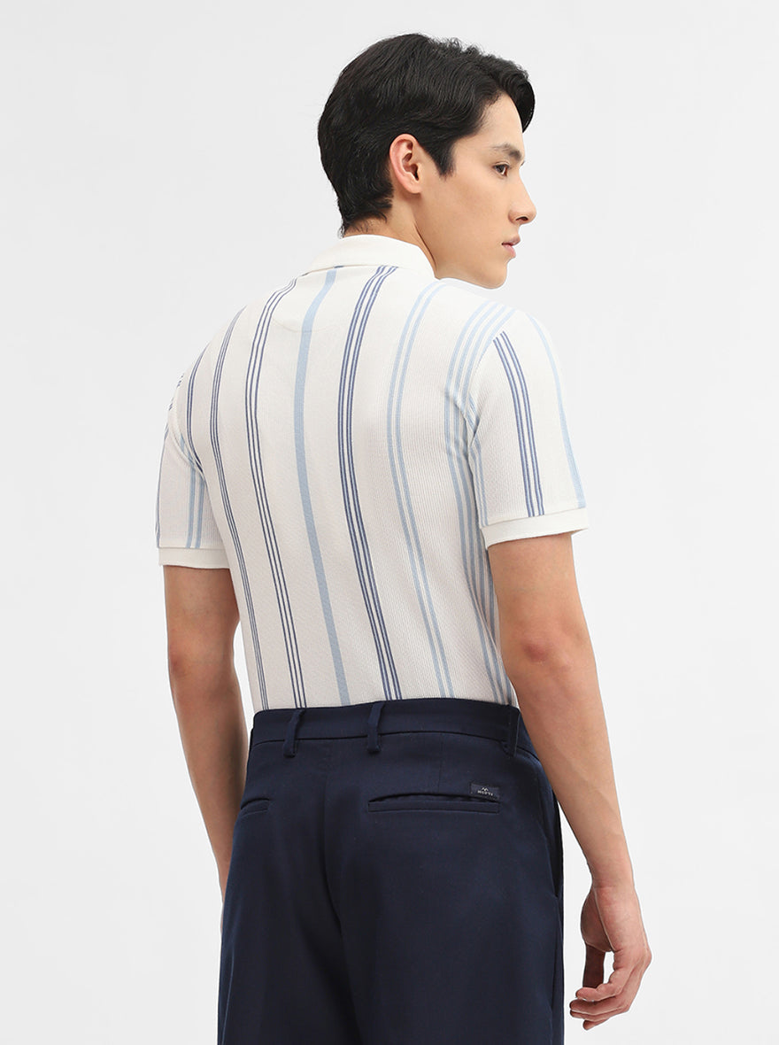 Sky Blue & White Striped Slim Fit Polo T-Shirt | JadeBlue