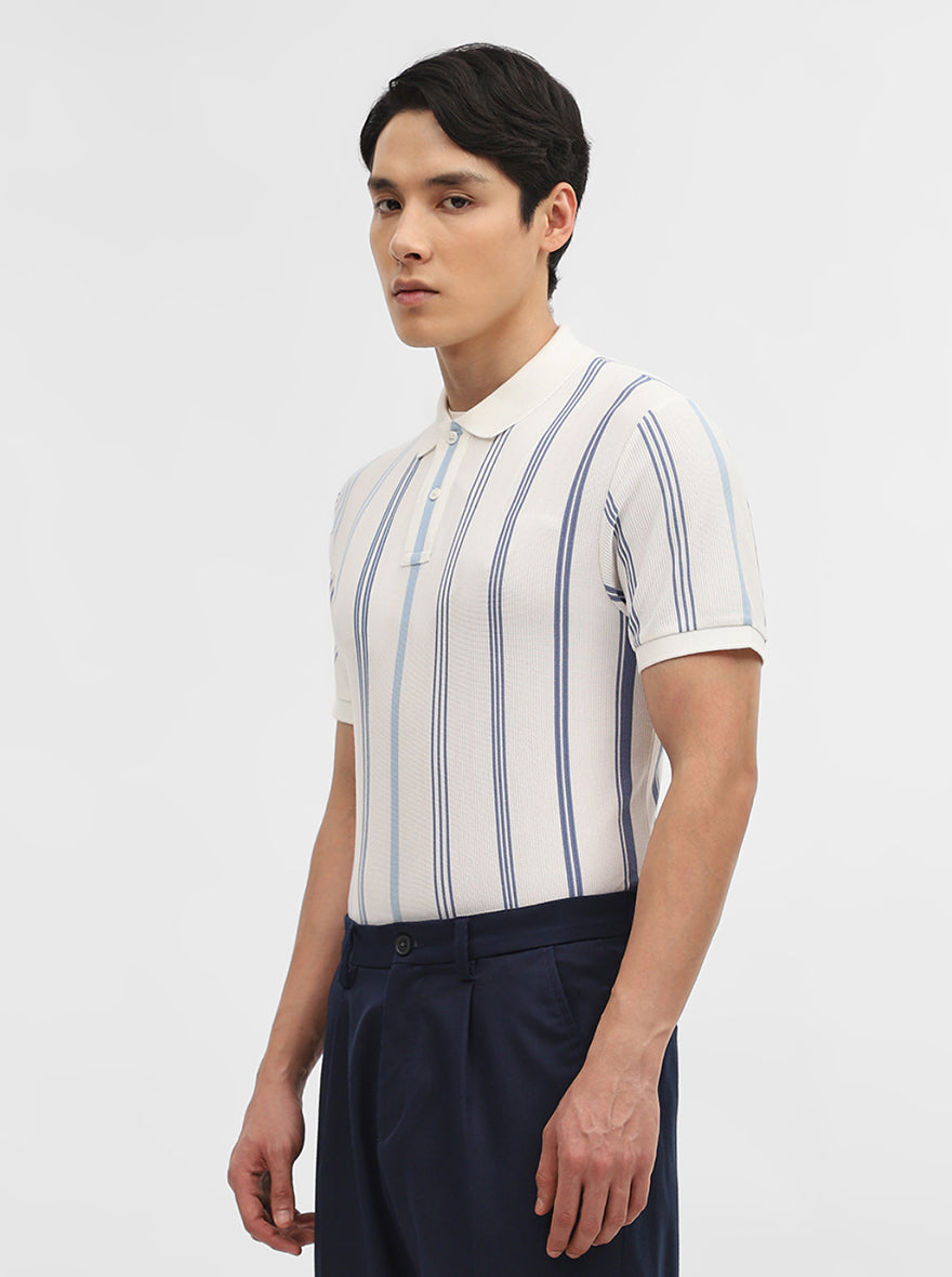 Sky Blue & White Striped Slim Fit Polo T-Shirt | JadeBlue