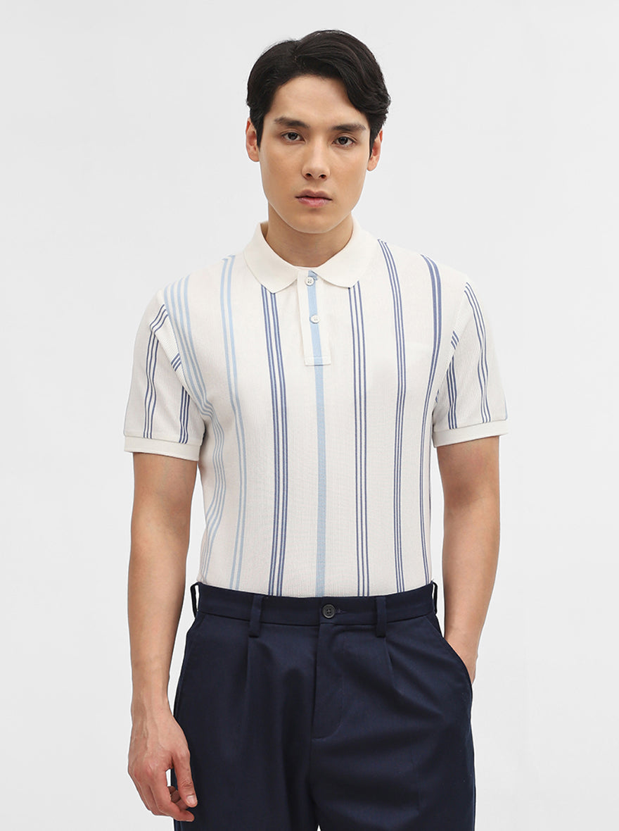Sky Blue & White Striped Slim Fit Polo T-Shirt | JadeBlue