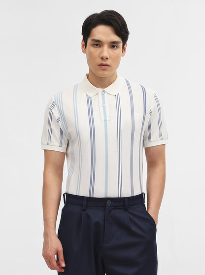 Sky Blue & White Striped Slim Fit Polo T-Shirt | JadeBlue