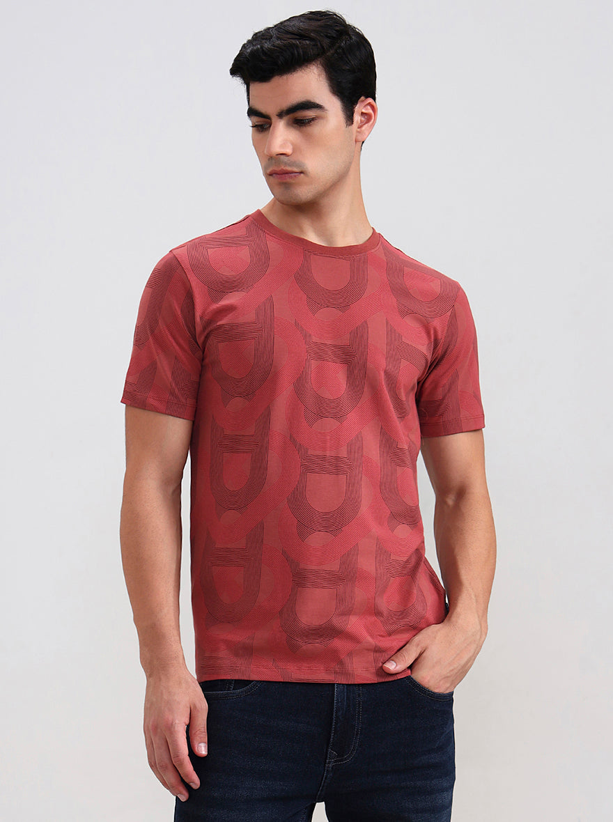 Brick Red Printed Slim Fit T-Shirt | JadeBlue