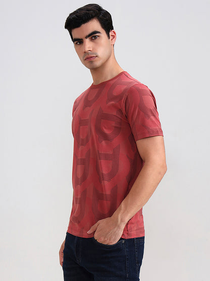 Brick Red Printed Slim Fit T-Shirt | JadeBlue