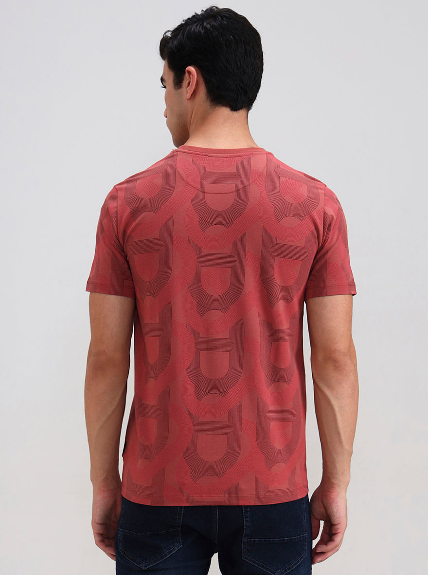Brick Red Printed Slim Fit T-Shirt | JadeBlue