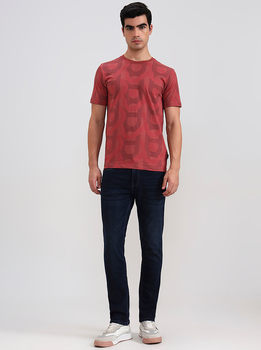 Brick Red Printed Slim Fit T-Shirt | JadeBlue