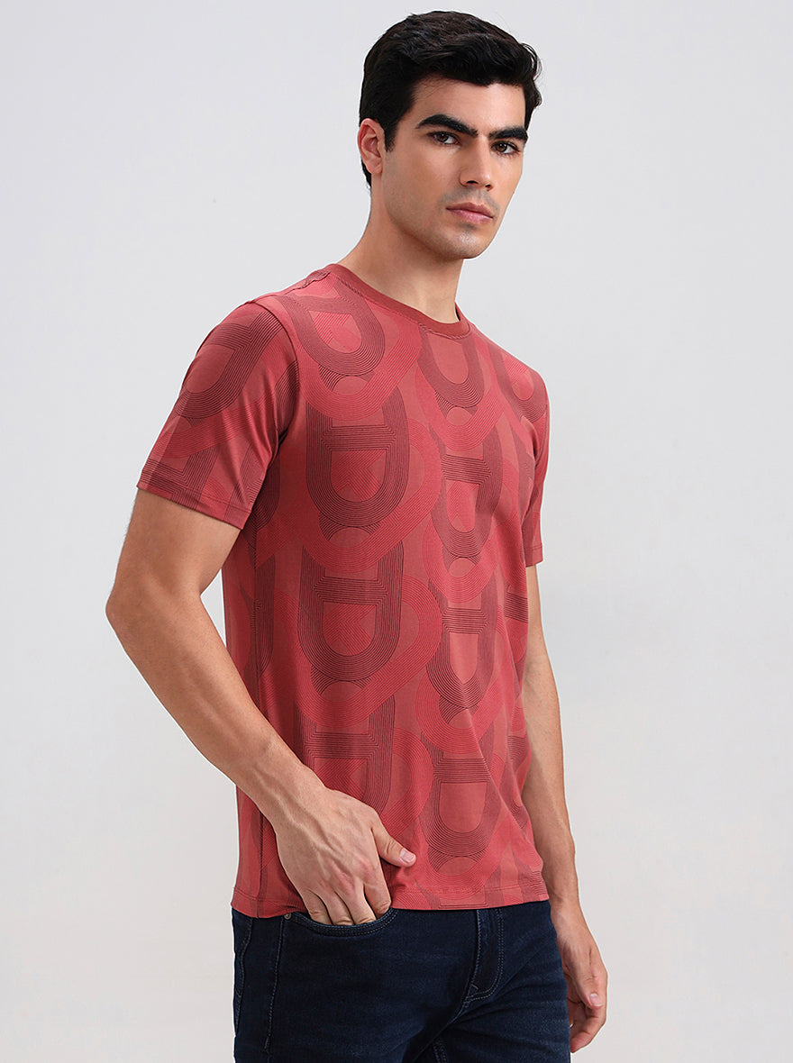 Brick Red Printed Slim Fit T-Shirt | JadeBlue