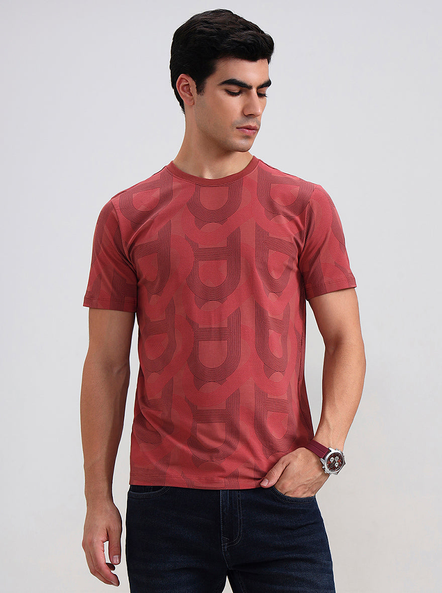 Brick Red Printed Slim Fit T-Shirt | JadeBlue