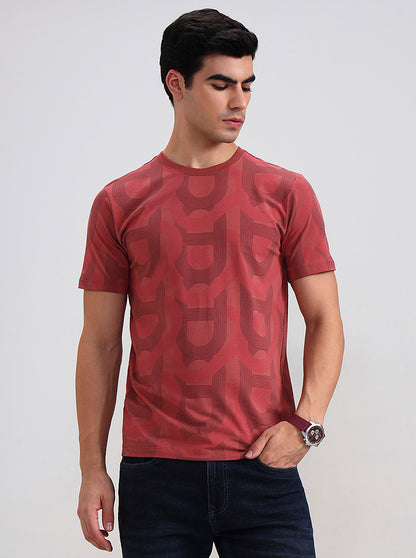 Brick Red Printed Slim Fit T-Shirt | JadeBlue