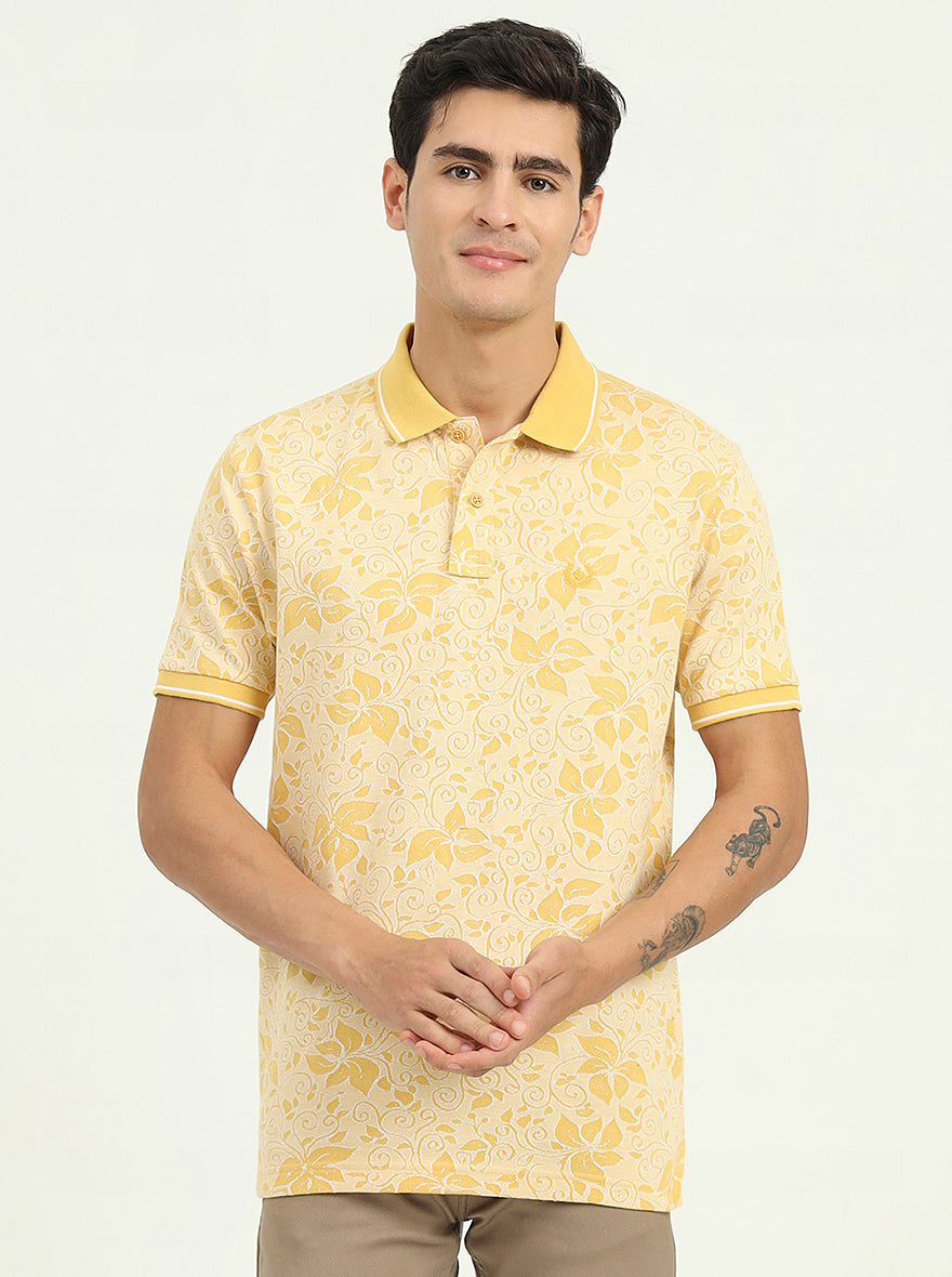 Light Yellow Printed Slim Fit Polo T-Shirt | Greenfibre