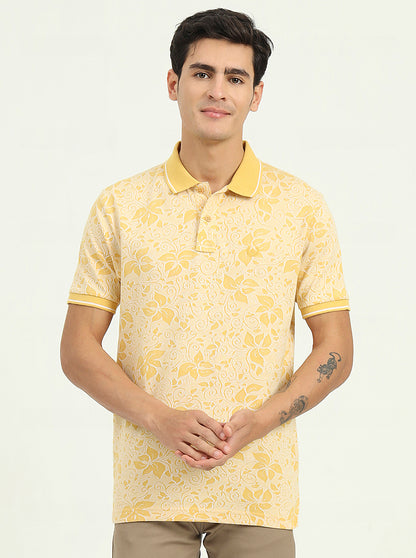Light Yellow Printed Slim Fit Polo T-Shirt | Greenfibre