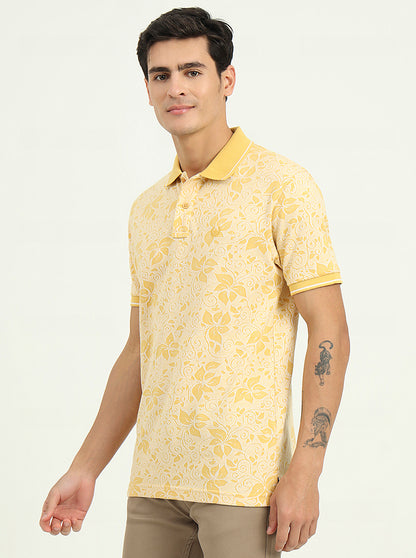 Light Yellow Printed Slim Fit Polo T-Shirt | Greenfibre