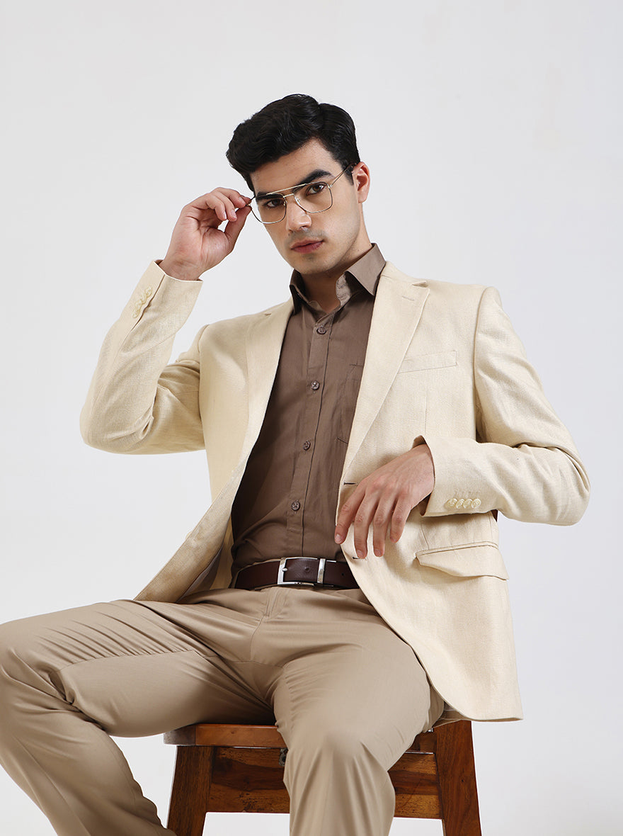 Cream Solid Regular Fit Blazer | JB Studio