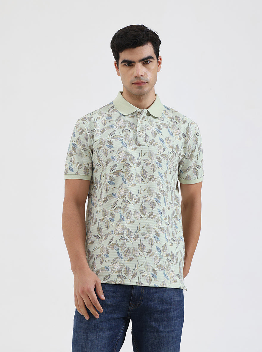 Mint Green Printed Slim Fit Polo T-Shirt | JadeBlue