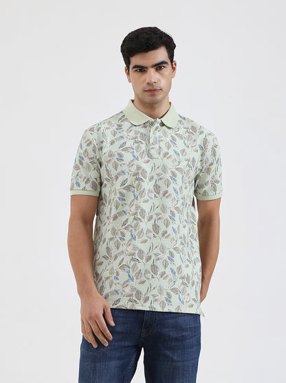 Mint Green Printed Slim Fit Polo T-Shirt | JadeBlue
