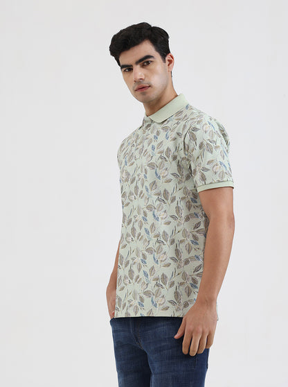 Mint Green Printed Slim Fit Polo T-Shirt | JadeBlue