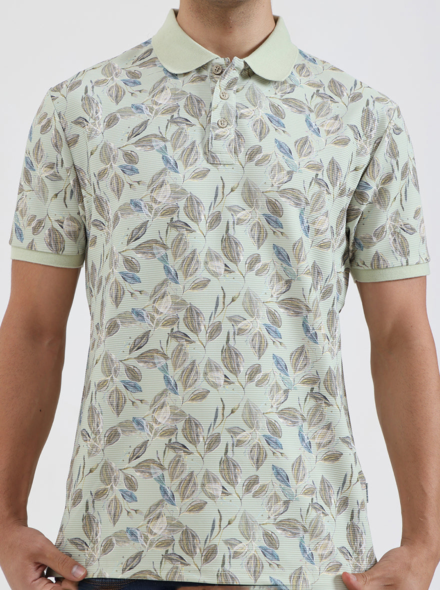 Mint Green Printed Slim Fit Polo T-Shirt | JadeBlue