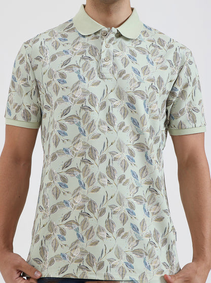 Mint Green Printed Slim Fit Polo T-Shirt | JadeBlue