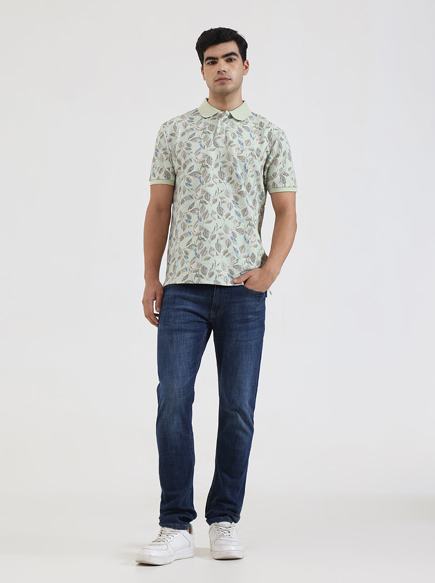 Mint Green Printed Slim Fit Polo T-Shirt | JadeBlue